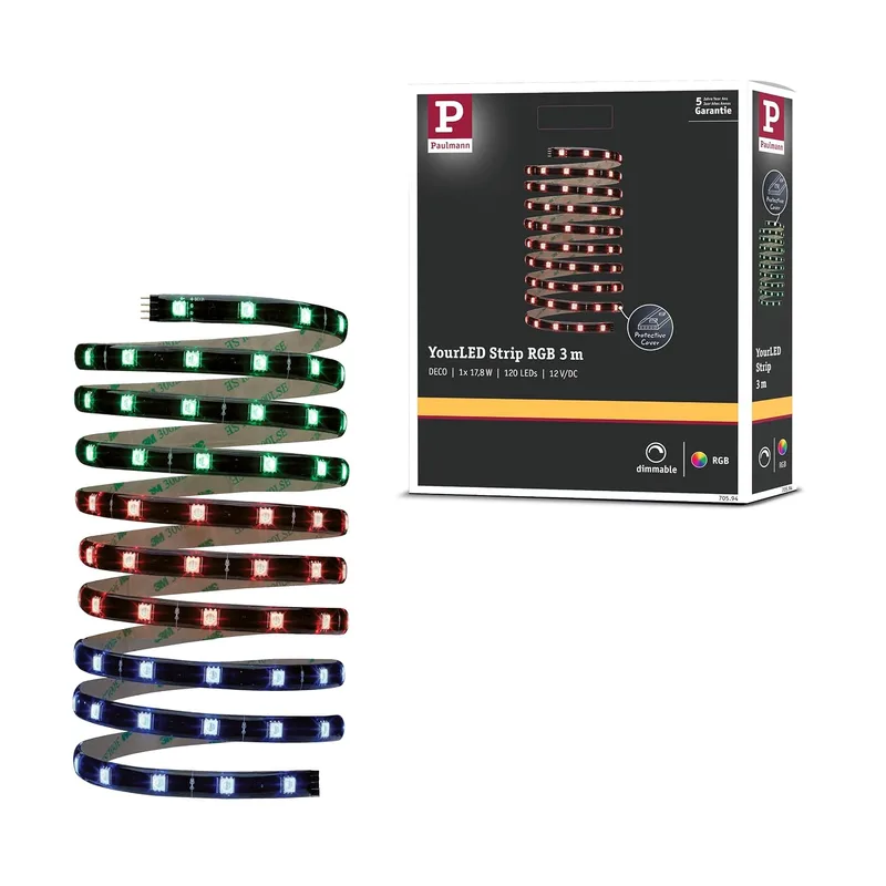Paulmann ▫️ 70594 Strip YourLED 3 m, fita LED RGB preta, transparente, fita de luz com revestimento, multicolorida, 17,8 W, fita de luz de 550 lúmenes, fita de luz com 120 LEDs