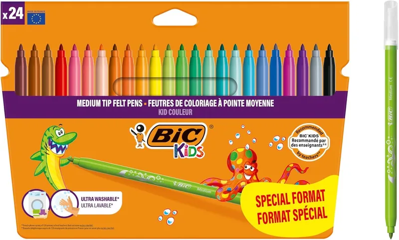 BIC Kids ▫️ Kid Couleur, Marcadores laváveis para crianças, ideais para material escolar, ponta média resistente, cores brilhantes e intensas, caixa de 24 unidades