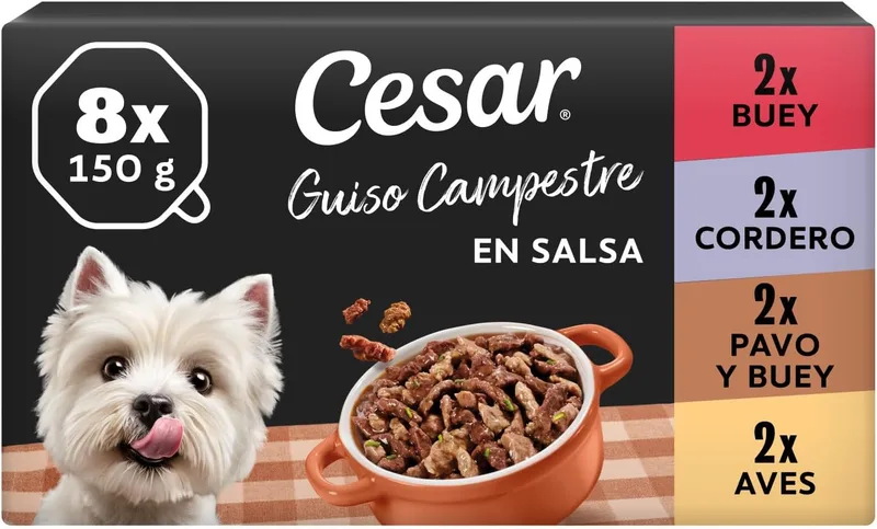 Cesar ▫️ Country Stew, Embalagem para cães adultos de 150 g, embalagem de 8 com pedaços de vitela, borrego, aves e peru com vitela em molho (embalagem de 3)