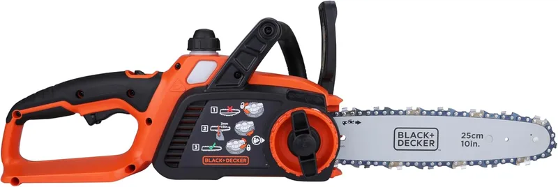 Black+Decker ▫️ Motosserra 18V, bateria de 2,0Ah, lâmina de 25 cm, sistema de óleo sem fugas, tensionamento e mudança da corrente sem ferramentas, incl. bateria e carregador, GKC1825L20