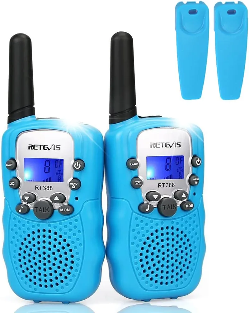 Retevis ▫️ RT388 Walkie Talkie para Crianças, Brinquedos de Longo Alcance 3 a 12 Anos, Lanterna LCD de 8 Canais, Presentes para Campismo, Aventura, Caminhadas (1 par, Azul)