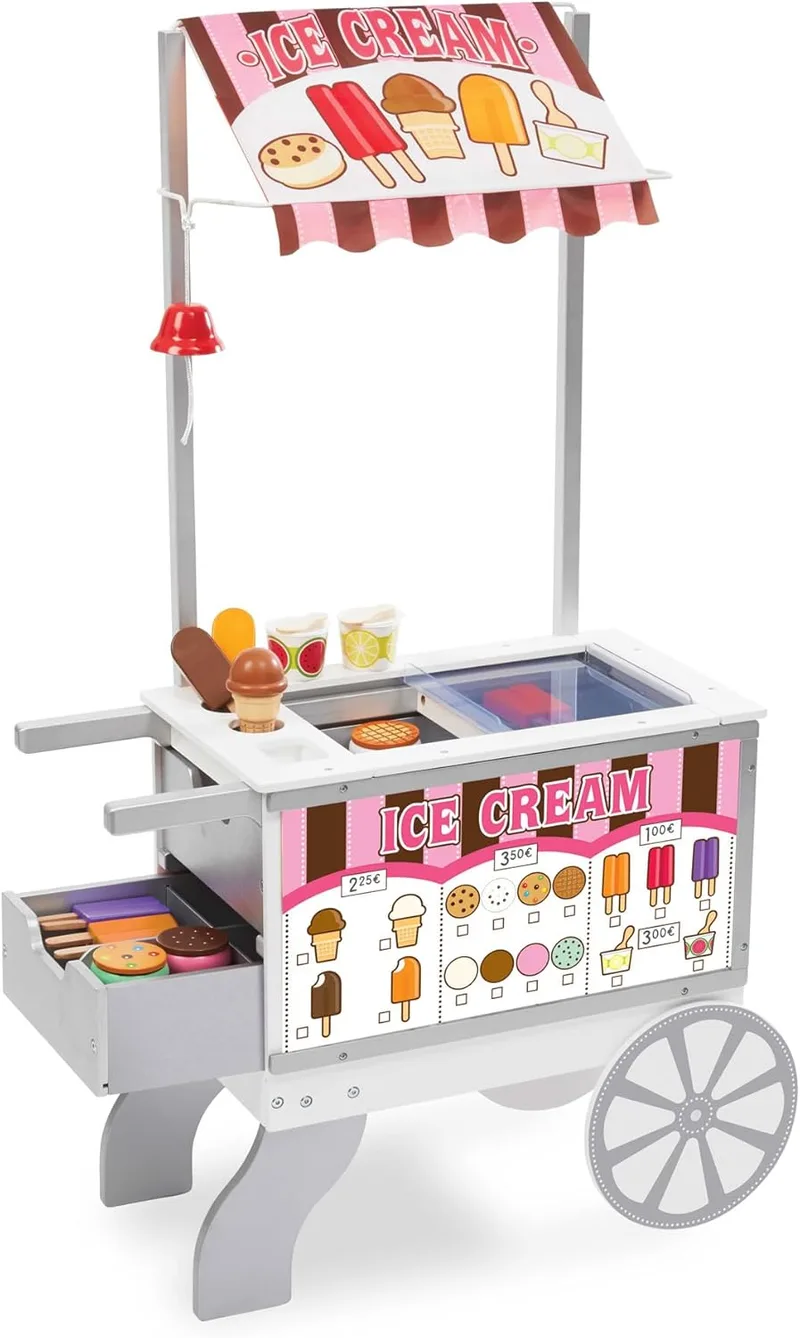 Melissa & Doug ▫️ Carrinho de lanches e doces de madeira, Comida de madeira, Conjunto de brinquedos de simulação, Grande conjunto de brinquedos com acessórios de excelente qualidade, Loja ou restaurante de brincar, Presente para crianças a partir dos 3 anos