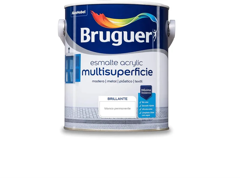 Bruguer ▫️ Acrylic Multisuperfície - Esmalte à base de água, brilhante, branco permanente, 2,5 L