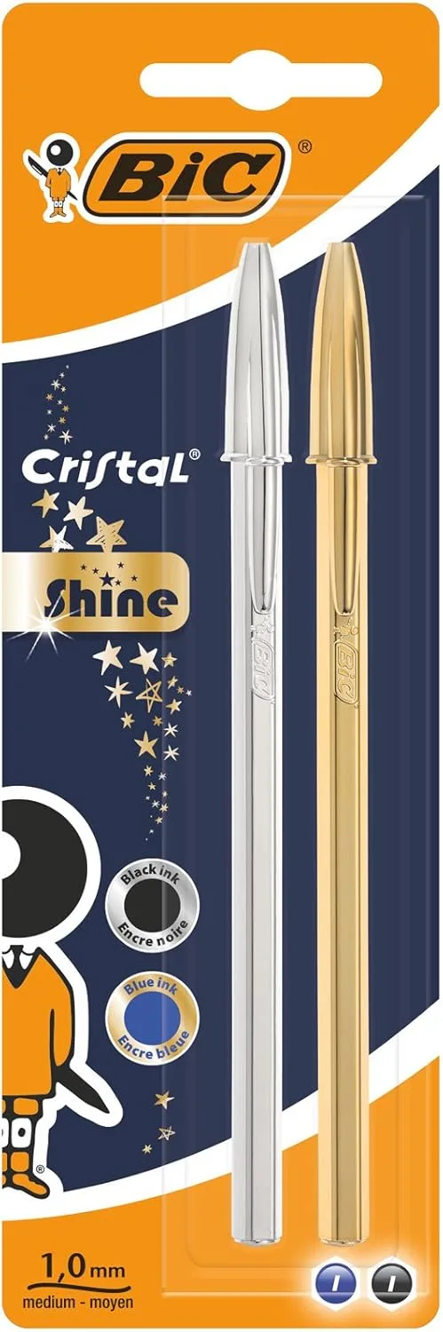 BIC ▫️ Celebrate Cristal Shine, esferográficas médias, ideais para a escola, escritório e casa, numa variedade de cores (sortido), embalagem de 2 (ponta de 1,0 mm)