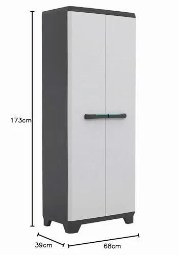 Keter ▫️ Armário Linear para Vassouras | Armário de arrumação para vassouras | Resina | 2 portas e 3 prateleiras | Cor: Preto/Cinzento, puxadores em azul | 68 x 39 x 173 cm 3