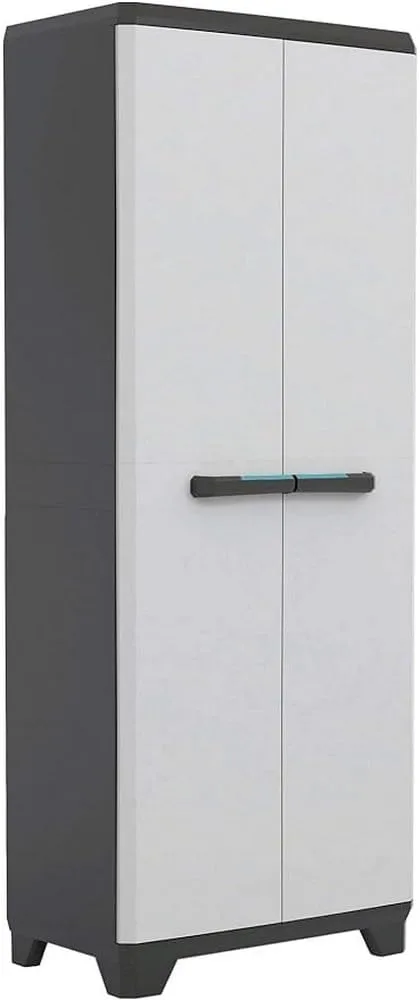 Keter ▫️ Armário Linear para Vassouras | Armário de arrumação para vassouras | Resina | 2 portas e 3 prateleiras | Cor: Preto/Cinzento, puxadores em azul | 68 x 39 x 173 cm