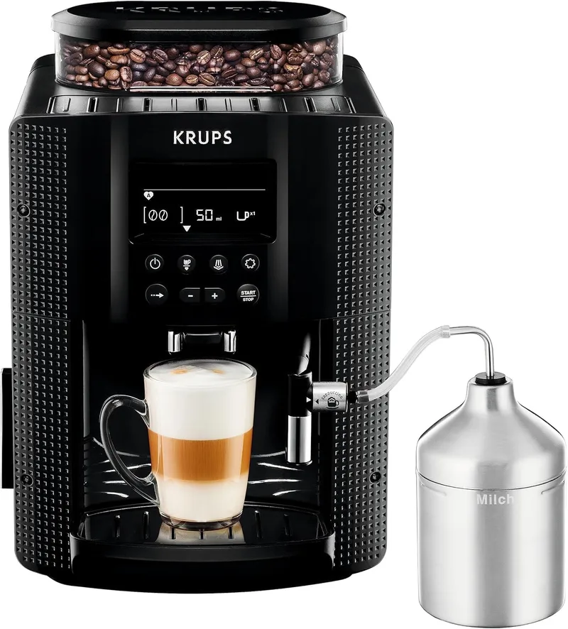 KRUPS ▫️ Essential, Máquina de café superautomática, Reservatório de água de 1,7 L, 3 níveis de temperatura, 3 graus de moagem, 15 bar, Ecrã LCD intuitivo, Inclui acessório para leite, Preta, EA8160