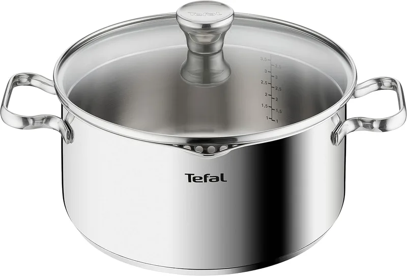 Tefal ▫️ Duetto - caçarola de 24 cm, adequada para indução, Thermo-Fusion, lavável na máquina de lavar louça e no forno, marcas de medição, aço inoxidável