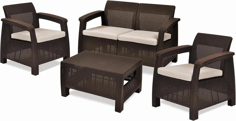 Keter ▫️ Conjunto de jardim Corfu para exterior, com 4 lugares e mesa, almofadas incluídas, resina com acabamento em rattan liso, castanho