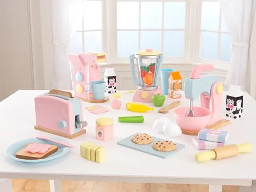 KidKraft ▫️ Conjunto de cozinha de brincar com torradeira de madeira em tons pastel, acessórios de cozinha de brincar, eletrodomésticos de cozinha para brincar, brinquedos para crianças a partir dos 3 anos (63374) 4