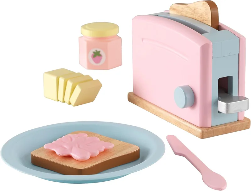 KidKraft ▫️ Conjunto de cozinha de brincar com torradeira de madeira em tons pastel, acessórios de cozinha de brincar, eletrodomésticos de cozinha para brincar, brinquedos para crianças a partir dos 3 anos (63374)
