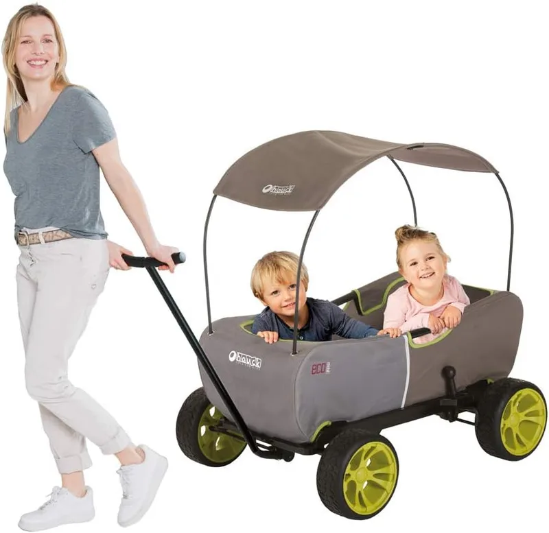 hauck ▫️ Carro de mão Eco Mobil, adequado para 2 crianças, carrinho de transporte dobrável, sistema anti-capotamento, capota, carrinho infantil, assento almofadado, travão, carrinho dobrável, carga máxima de 50 kg, Forrest Grayge