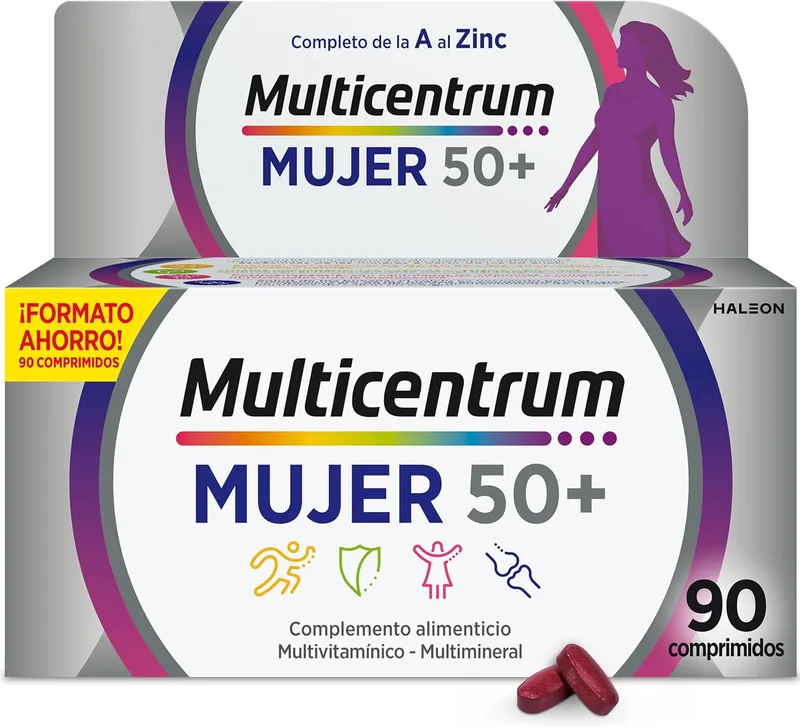 MULTICENTRUM ▫️ Mulher 50+ Suplemento alimentar multivitamínico e multimineral para mulheres com mais de 50 anos, com vitamina C e zinco; pós-menopausa, sem glúten, 90 comprimidos