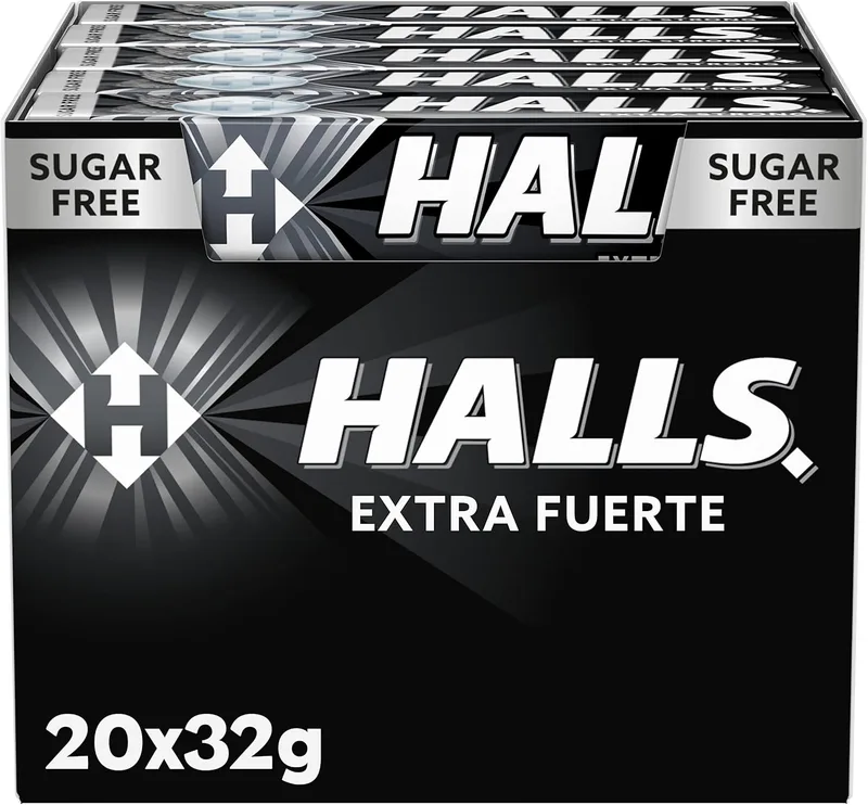 HALLS ▫️ Strong Mint, rebuçados sem açúcar, caixa de 20 palitos de 32 g