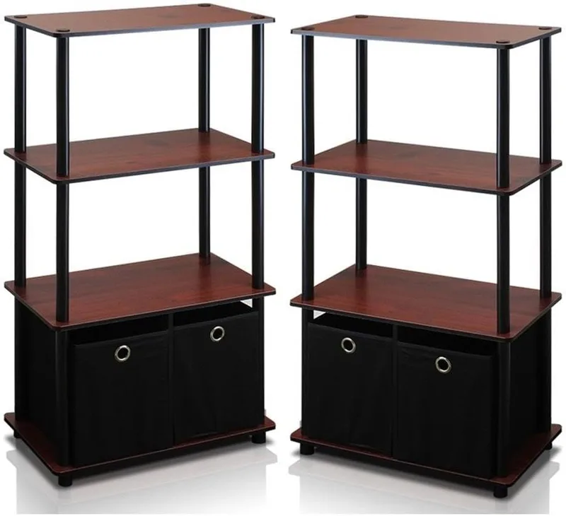 Furinno ▫️ GO Green Conjunto de 2 estantes com 4 níveis de compartimentos, estantes para livros e expositores, para organização e arrumação na sala de estar e no escritório em casa, cor cereja escura