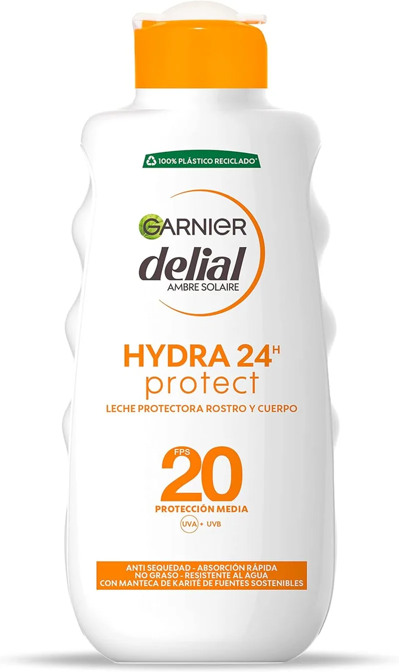 Garnier ▫️ Delial Hydra 24h Protect Leite Protetor Antimanchas com [Vitamina C]. Proteção média SPF 20. Rápida absorção e muito resistente à água. 175 ml
