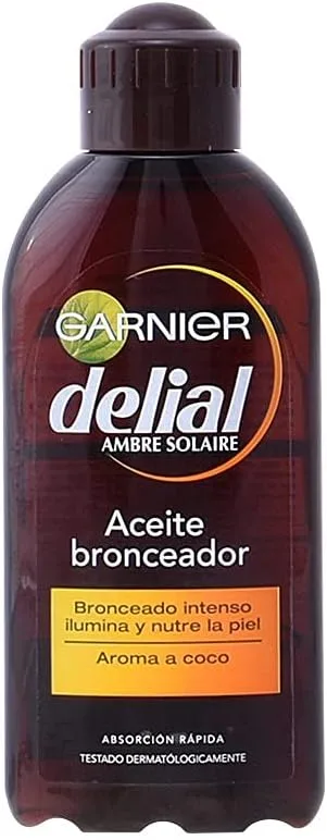 Garnier ▫️ Delial Ideal Bronze Óleo Bronzeador Intenso com [Óleo de Coco Nutritivo]. Bronzeia e ilumina a pele. Absorção imediata. Dermatologicamente testado. 200 ml