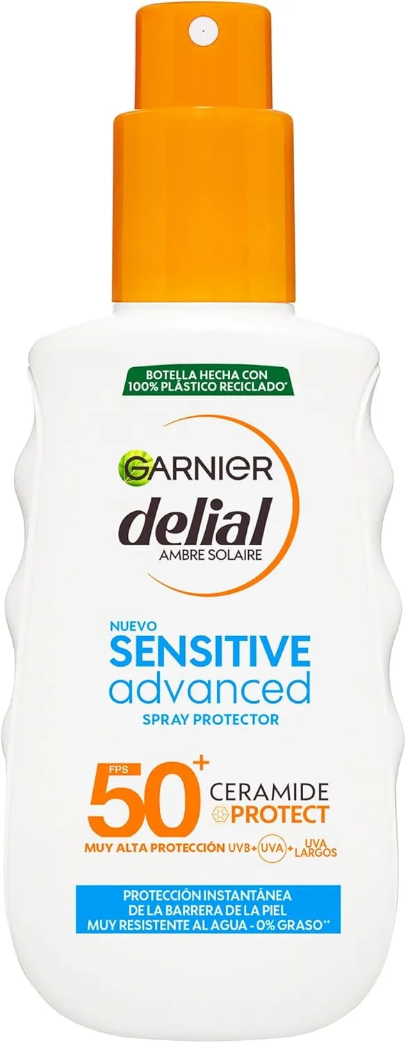 Garnier ▫️ DELIAL Spray Solar de Proteção Muito Elevada FPS 50+ para Peles Claras, Sensíveis e Intolerantes ao Sol, Resistente à Água, 200 ml