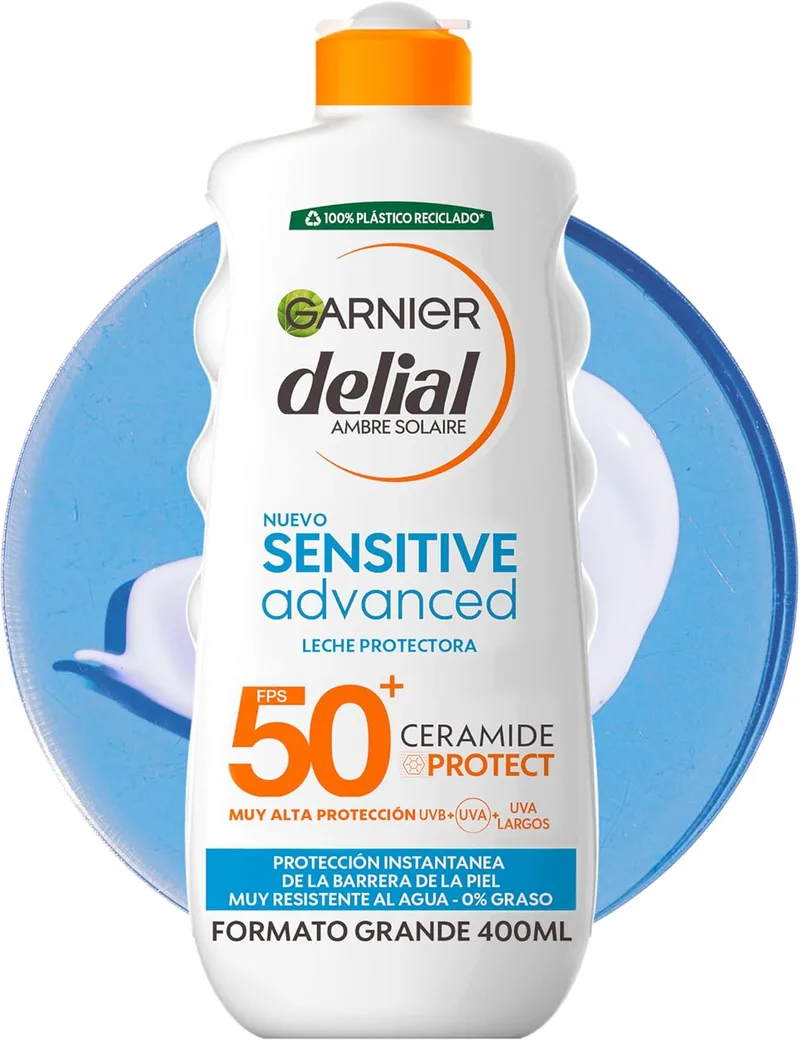 Garnier ▫️ Delial Sensitive Advanced - Leite Protetor Solar para peles claras, sensíveis e intolerantes ao sol, Alta Proteção IP50+ - 400 ml