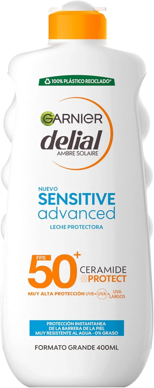 Garnier ▫️ Delial Sensitive Advanced - Leite Solar para Peles Claras, Sensíveis e Intolerantes ao Sol, Proteção Elevada IP50+ - 400 ml