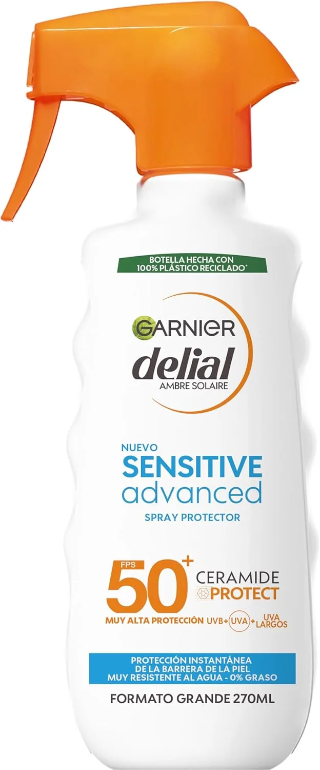 Garnier ▫️ Delial Sensitive Advanced Sunscreen Spray SPF 50+ para peles sensíveis e claras, 270ml, tecnologia Ceramide Protect, muito resistente à água