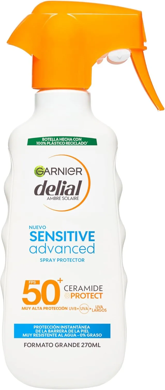 Garnier ▫️ Delial Sensitive Advanced Spray Protetor Corporal FPS50, 270 ml | FPS50+ Proteção Muito Elevada contra os raios UVA/UVB, para peles claras e sensíveis, resistente à água, com Ceramide Protect, formato de pistola