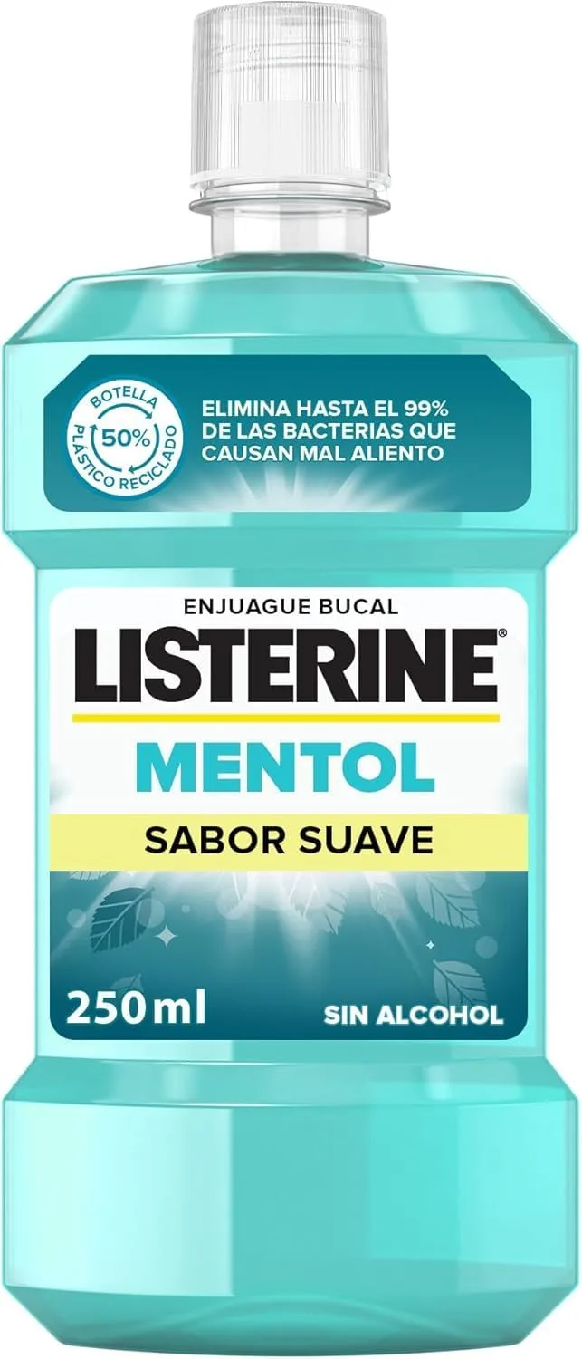 Listerine ▫️ Mentol Sabor Suave (1x250 ml), elixir bucal com flúor e 0% de álcool, elixir para as gengivas com 24 horas de proteção, elixir bucal sem álcool para um hálito fresco
