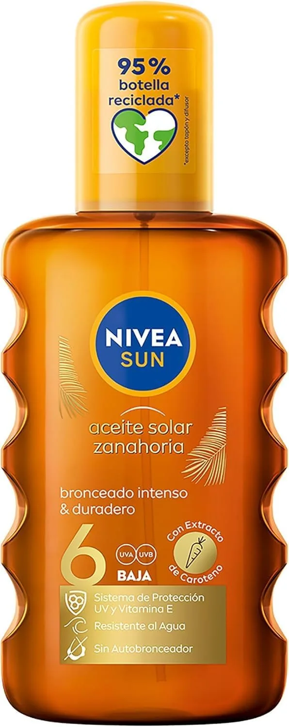 NIVEA SUN ▫️ Óleo Solar de Cenoura em Spray FP6 (1 x 200 ml), para um bronzeado dourado e duradouro, protetor solar em spray resistente à água, proteção solar baixa