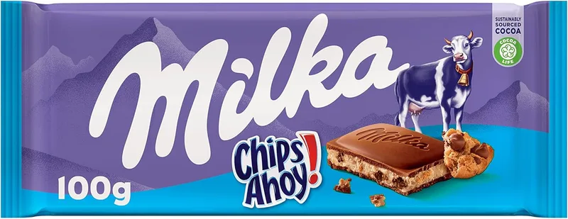 Milka ▫️ Chips Ahoy, Barra de Chocolate de Leite Alpino com Bolachas Chips Ahoy,100 g