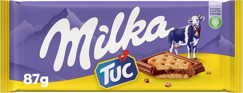 Milka ▫️ TUC, Barra de Chocolate de Leite Alpino com Bolachas TUC, 87 g
