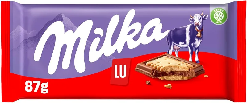 Milka ▫️ LU Tabuleiro de Chocolate de Leite dos Alpes, Coberto com Bolachas LU, 87 g