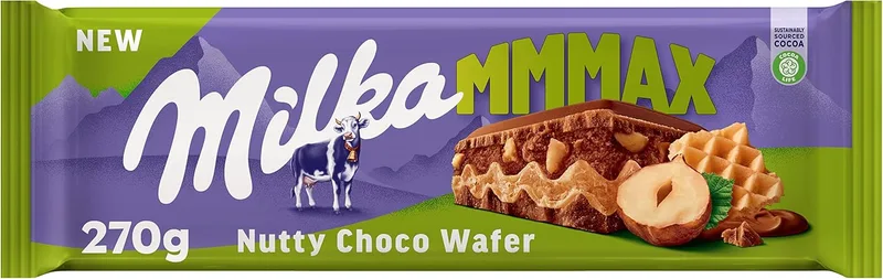 Milka ▫️ MMMAX Nutty Choco Wafer Grande Wafer de Chocolate de Leite Alpino com Wafer, Recheio de Creme de Avelã e Pedaços de Avelã, 270 g
