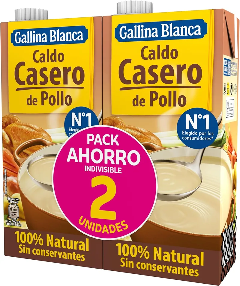 Gallina Blanca ▫️ Caldo de Galinha Caseiro 100% Natural | Cozedura Lenta durante 3h. Sem Glúten, Sem Conservantes, Baixo Teor de Gordura - Embalagem 2 x 1L
