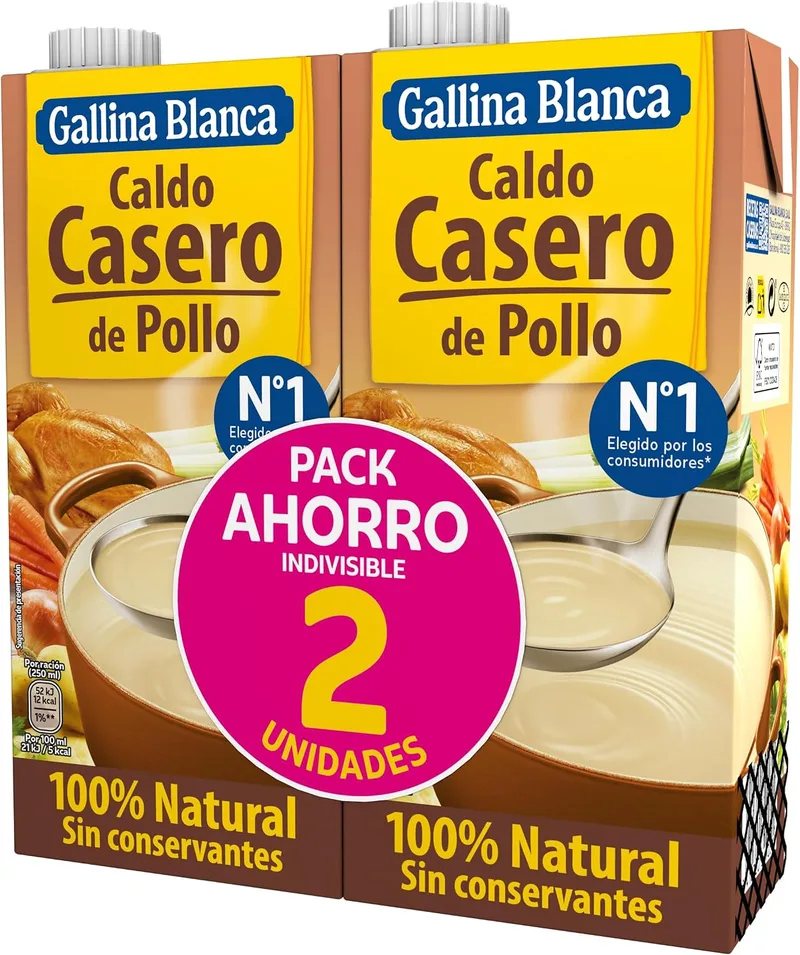 Gallina Blanca ▫️ Caldo de Galinha Caseiro 100% Natural | Cozinhado em lume brando durante 3 horas. Sem glúten, sem conservantes, com baixo teor de gordura - Embalagem de 2 x 1 L