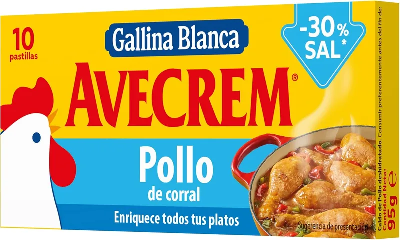 Avecrem ▫️ GALLINA BLANCA · · Caldo de galinha com 30% menos sal | Elaborado com frango de capoeira, legumes variados e azeite virgem extra.