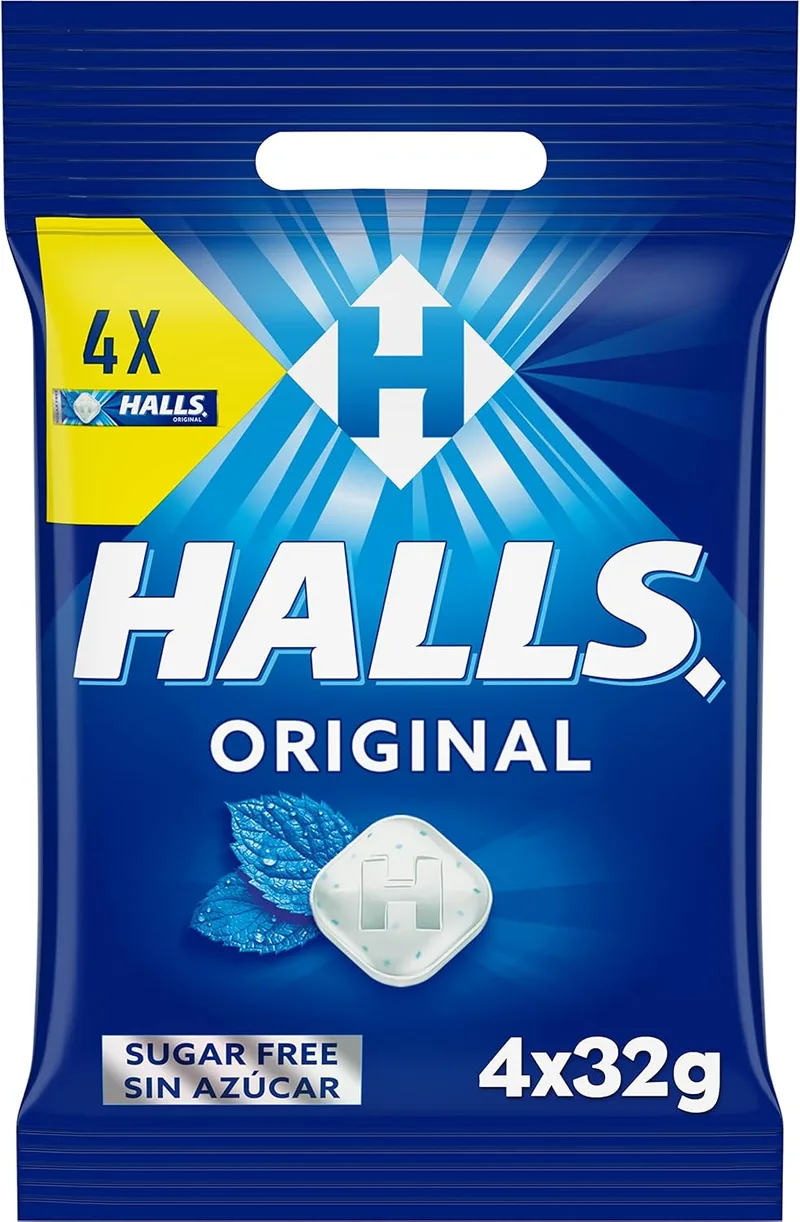 HALLS ▫️ Original rebuçados com sabor a mentol e eucalipto, sem açúcar, embalagem de 4 x 32g