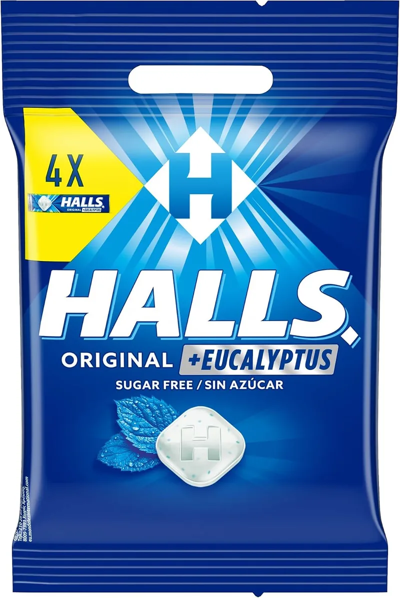 HALLS ▫️ Original - Pastilhas com sabor a mentol e eucalipto, sem açúcar, embalagem de 4 x 32 g