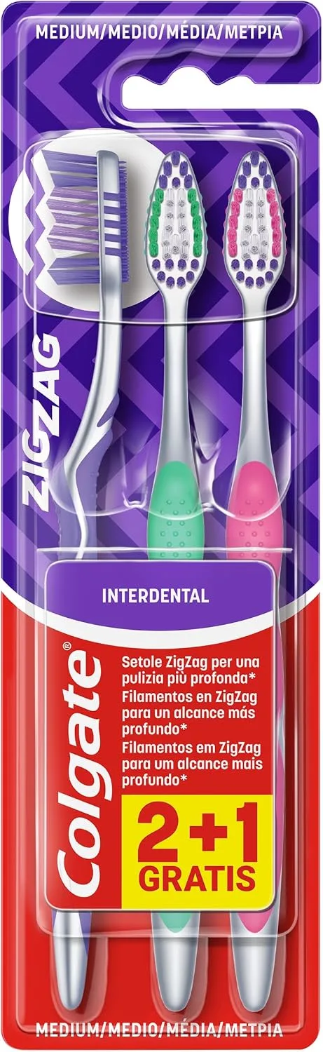 Colgate ▫️ ZigZag, Escova de dentes - Embalagem de 3 unidades | Escova de dentes manual de dureza média, cerdas cruzadas multidimensionais, limpador de língua incluído
