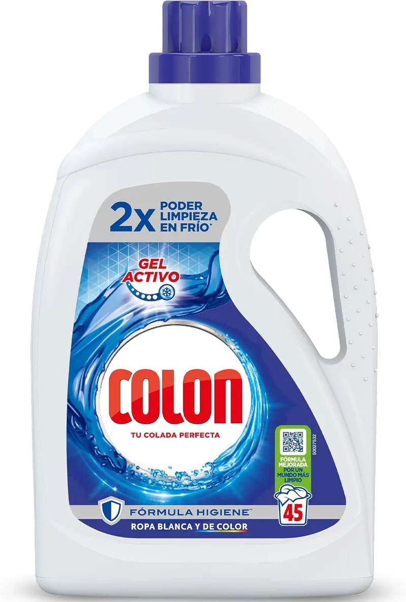 Colon ▫️ Active Gel - Detergente líquido para a roupa, fórmula higiénica, adequado para roupa branca e de cor, formato gel - 45 doses