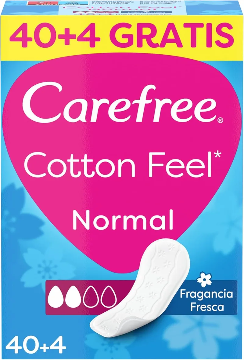 Carefree ▫️ Cotton Feel Normal Fragrância Fresca Protetores Intimais (40 + 4 unidades), protetores intimais absorventes e respiráveis sem fragrância, adequados para todo o tipo de cuecas