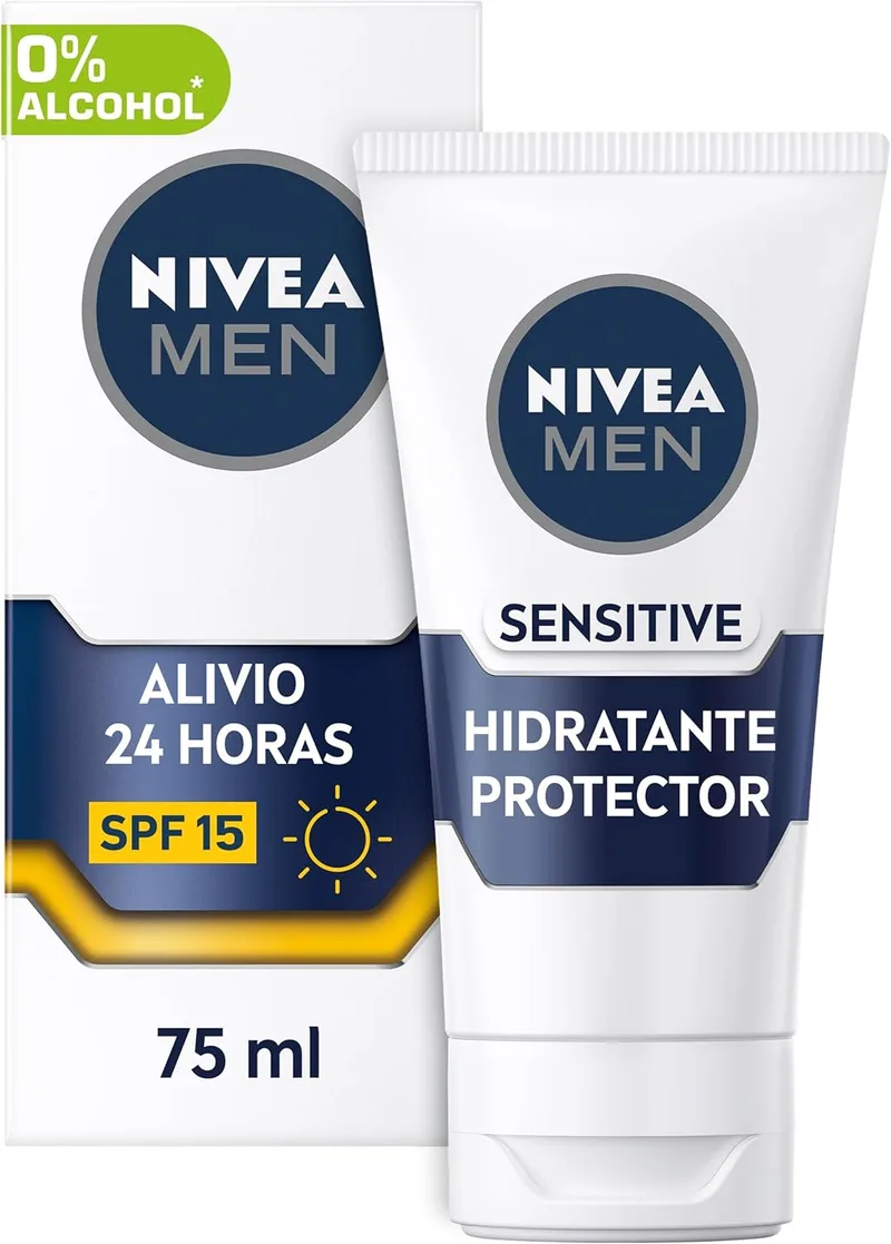 NIVEA MEN ▫️ Sensitive Moisturising Moisturiser FP15 (1 x 75 ml), creme hidratante facial anti-irritação com 0% de álcool para homens com pele sensível, com proteção solar FP15