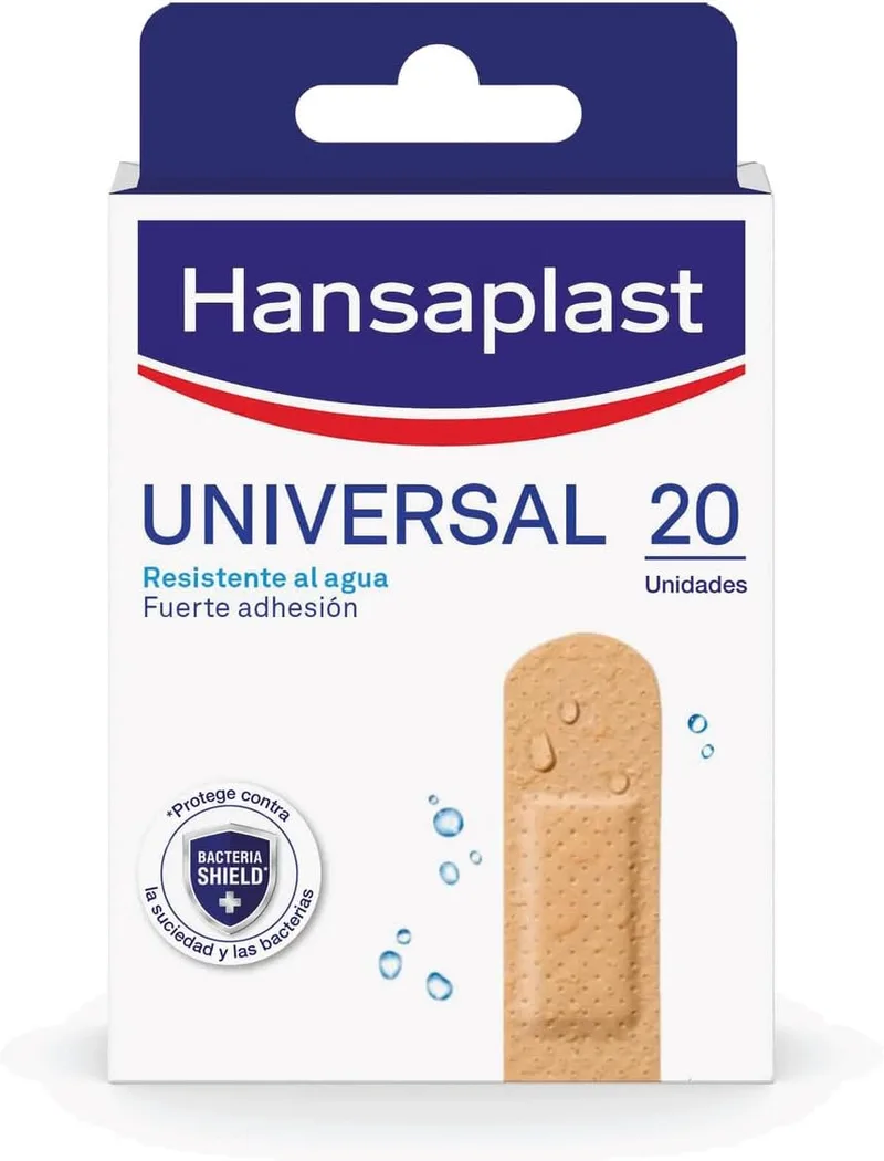 Elastoplast ▫️ Hansaplast Universal 20 Pensos, Pensos impermeáveis e respiráveis, Forte aderência, Gaze absorvente antiaderente, Pensos multiusos para feridas