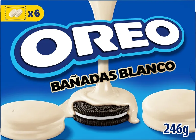 Oreo ▫️ White Dipped, bolachas de chocolate recheadas com creme de baunilha e cobertura com sabor a chocolate branco - Embalagem de 6 saquetas, 246 g