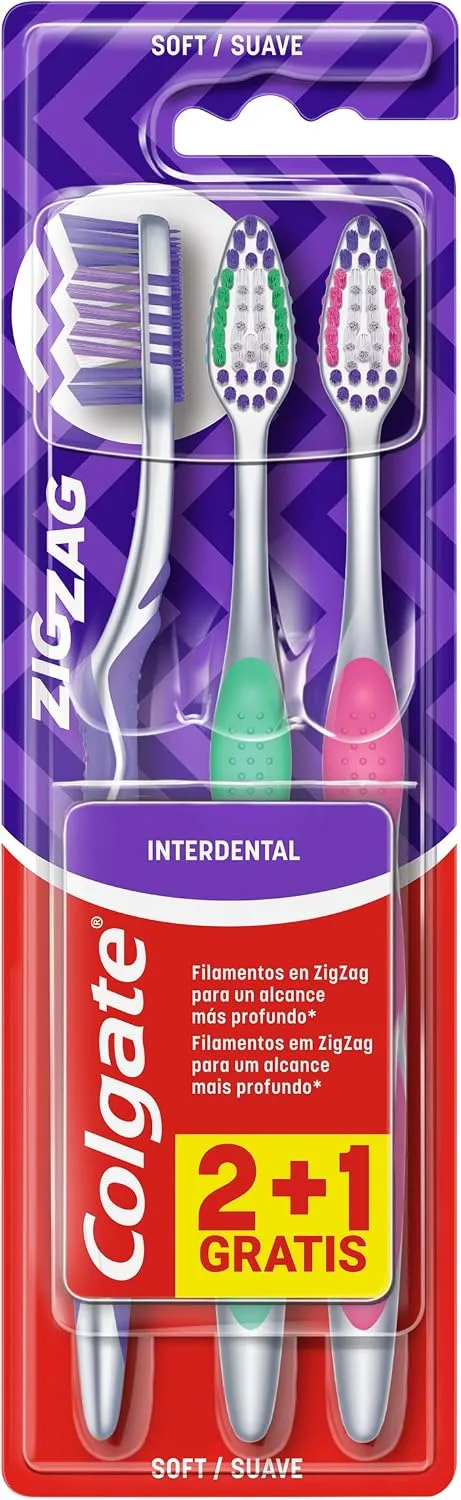 Colgate ▫️ Escova de dentes Zig Zag Suave, Espanha, 0, 3 unidades