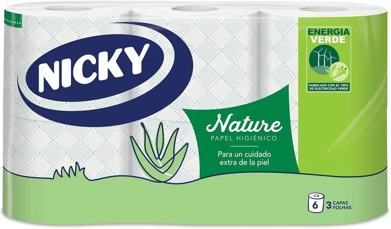 Nicky ▫️ Nature, 6 rolos de papel higiénico, 3 camadas