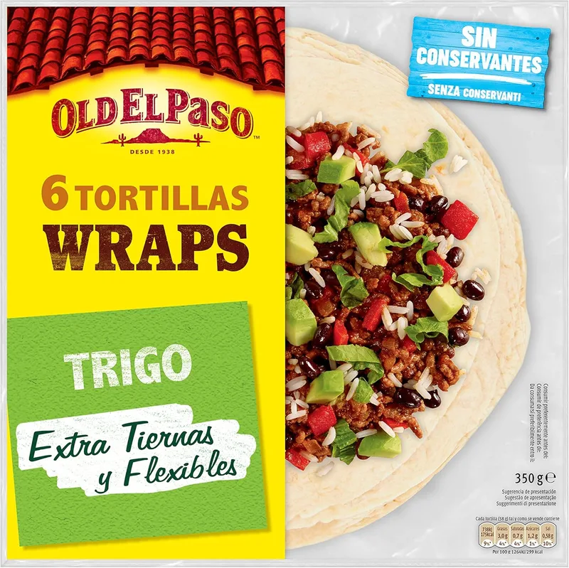 Old El Paso ▫️ Tortilla Wraps de Trigo, sem conservantes, 6 peças, Ideal para Fajitas e Burritos, 350g