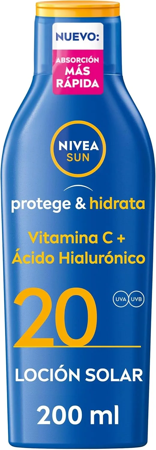 NIVEA SUN ▫️ Protege & Hidrata - Leite Solar FPS 20 - Protetor Solar Corporal - Proteção UVA/UVB - Loção Resistente à Água - Hidratação 48h - Com Pantenol e Glicerina - Todos os tipos de pele - 200 ml