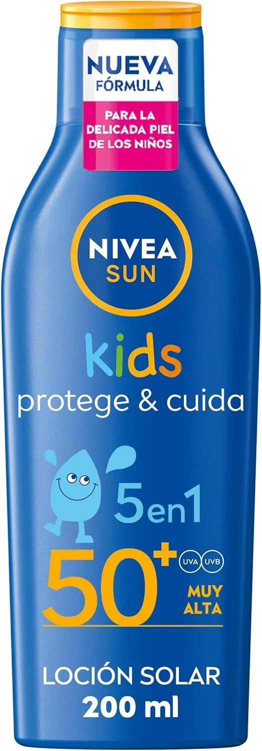 NIVEA SUN ▫️ Kids Protect & Care 5 em 1 - Loção solar com SPF50+ - Protetor solar infantil extra resistente à água - Com Pantenol, Vitamina C e E - Aprovado por pediatras - Todos os tipos de pele - 200 ml