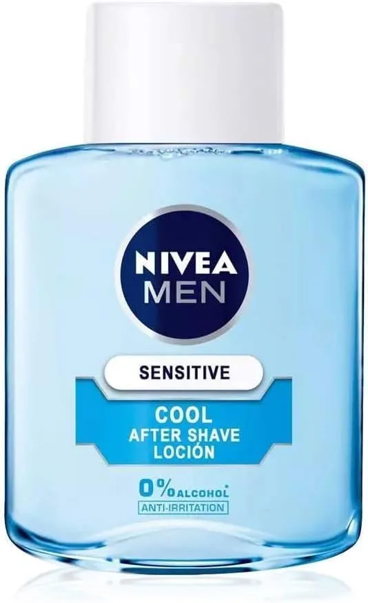 NIVEA MEN ▫️ Sensitive Cool After Shave Lotion (1 x 100 ml), com 0% de álcool para acalmar a irritação, loção calmante para o cuidado da pele sensível.