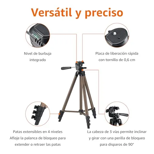Amazon Basics ▫️ Tripé para Câmara de 127 cm/50 pol., Leve, com Bolsa, Altura Ajustável, para Câmaras Reflex Digitais, Cor Champanhe 2